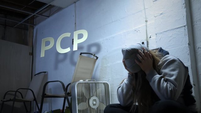 A addict is struggling with withdrawal symptoms with text - PCP