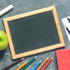 concept with stationery supplies for teacher's day, top view with copy space