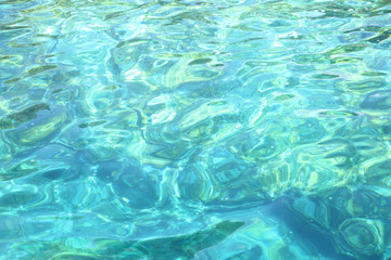 Close up of tropical water in the ocean or swimming pool, beautiful blue turquoise color with copy space, Caribbean.