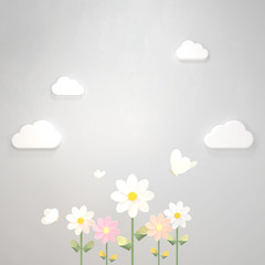 Spring flower and butterfly paper crafts. 3d rendering picture.