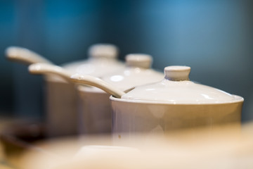 A pattern of porcelain jars placed in a restaurant