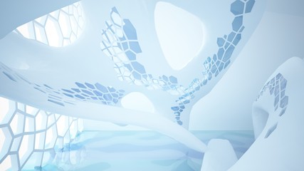 Abstract white and blue water parametric interior with window. 3D illustration and rendering.