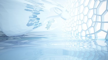 Abstract white and blue water parametric interior with window. 3D illustration and rendering.
