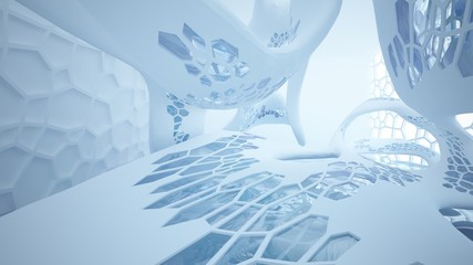 Abstract white and blue water parametric interior with window. 3D illustration and rendering.