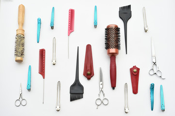 Set of professional hairdresser tools isolated on white background