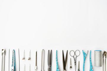 Set of professional hairdresser tools isolated on white background