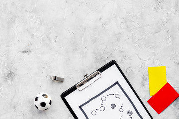 Sport judging concept. Soccer referee. Tactic plan for game, football ball, red and yellow cards,...