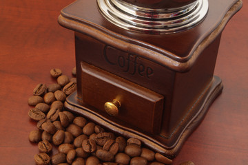 Coffee grinder with coffee beans close up