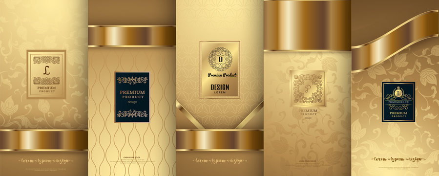 Collection of design elements,labels,icon,frames, for packaging,design of luxury products.for perfume,soap,wine, lotion. Made with golden foil.Isolated on flower background.vector illustration