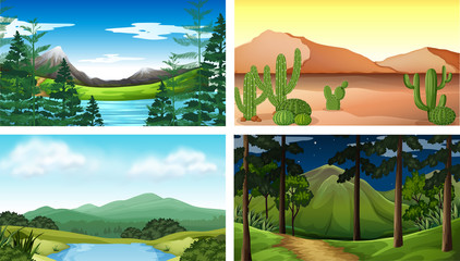 Four nature scenes with tree and mountains