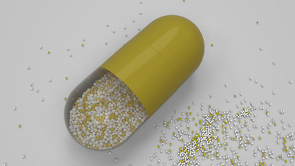 Capsule of colorful medicine on white background