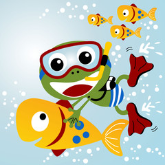 Nice frog with fishes cartoon. Eps 10