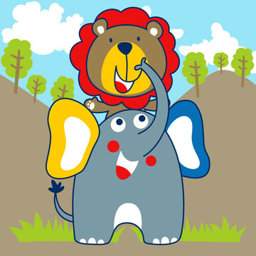 Nice elephant and lion cartoon. Eps 10