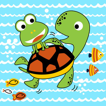 exploring underwater with turtle and little friends, vector cartoon illustration. Eps 10