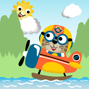 cute pilot on water plane cartoon at summer. Eps 10