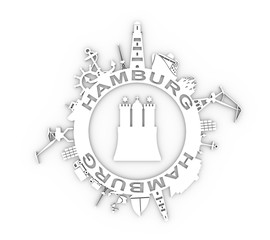 Template with sea shipping and travel relative silhouettes. Hamburg city name text and element from coat of arms - obrazy, fototapety, plakaty