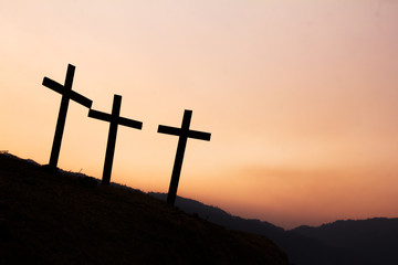 Three crosses on the mountain., Concept for Christian, Christianity, Catholic religion, divine, heavenly, celestial or god.