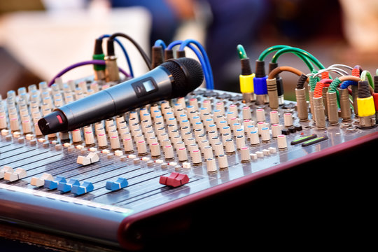 Close-up of sound recording audio mixer