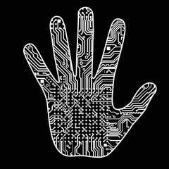 Naklejka premium Silhouette of a man hand with a high-tech computer circuit board pattern It can illustrate scientific ideas related to artificial intelligence, artificial neural networks, development of technology