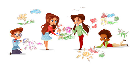Children drawing with pencils vector illustration of cartoon kids isolated characters in kindergarten. Flat design boys and girls with color chalk felt-tip pens draw paint pictures on walls and floor