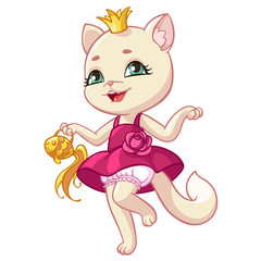 Kitty princess cartoon vector illustration for kid Happy Birthday greeting card design template. Isolated smiling cute cat or kitten girl princess in pink dress and gold crown with golden fish purse