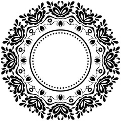 Oriental round black pattern with arabesques and floral elements. Traditional classic ornament. Vintage pattern with arabesques