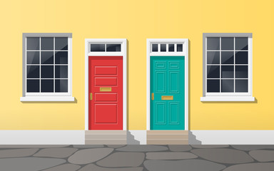 colorful house facade with two doors and windows