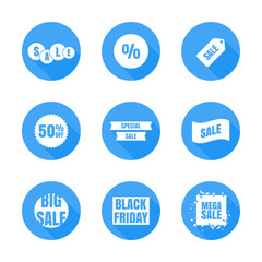 A set of icons in a flat style. Sales, holiday discounts and promotions in stores. Vector illustration