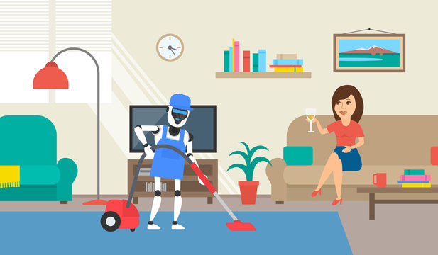 robot humanoid cleaning room with vacuum cleaner . woman sitting on the sofa