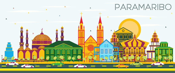 Paramaribo Suriname City Skyline with Color Buildings and Blue Sky.