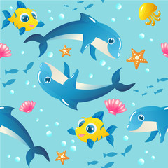 Naklejka premium Seamless Pattern with Marine Animals