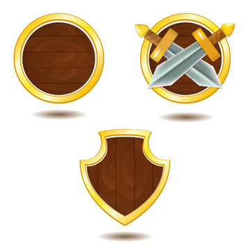 Set of Wooden Shields with Golden Frame and Swords