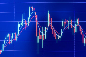 Stock market graph analysis. Stock market data on LED display on laptop screen for finance and economic. Business graph background.