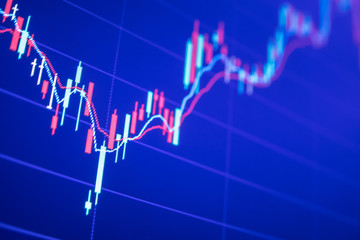 Stock market graph analysis. Stock market data on LED display on laptop screen for finance and economic. Business graph background.