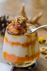 Layered pumpkin dessert with cream and walnut,boiled grape juice