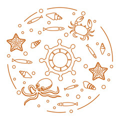 Wheel, fish, seashells, starfish, crab, octopus.