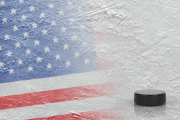 Image of the American flag with a hockey puck
