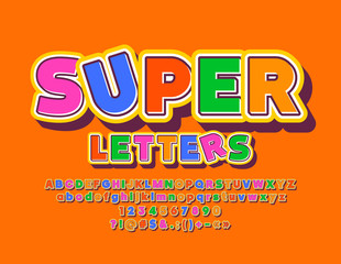 Vector super Children Letters, Numbers and Symbols. Colorful retro Font. Bright Alphabet with shadow
