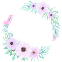 Vector Floral Wreath with Pink Flowers and Blue Leaves in Watercolor Style