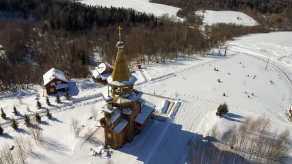 Temple of St. Sergius of Radonezh on the waterfall Gremyachy key. Svyatogorye. View from above. Moscow region, village Vzglyadnevo