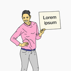 Young girl with an ad on a sheet of paper. Vector illustration.