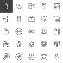 Healthy lifestyle outline icons set. linear style symbols collection, line signs pack. vector graphics. Set includes icons as water bottle, lemon fruit, orange juice, gym, fitness, dumbbell, weight