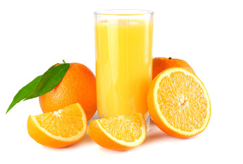 orange juice with orange and green leaf isolated on white background. juice in glass