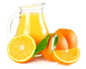 orange juice with orange and green leaf isolated on white background. juice in jug