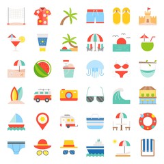 vacation on the beach, Beach related flat icon set