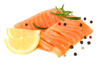 Red fish. Raw salmon fillet with rosemary isolate on white background