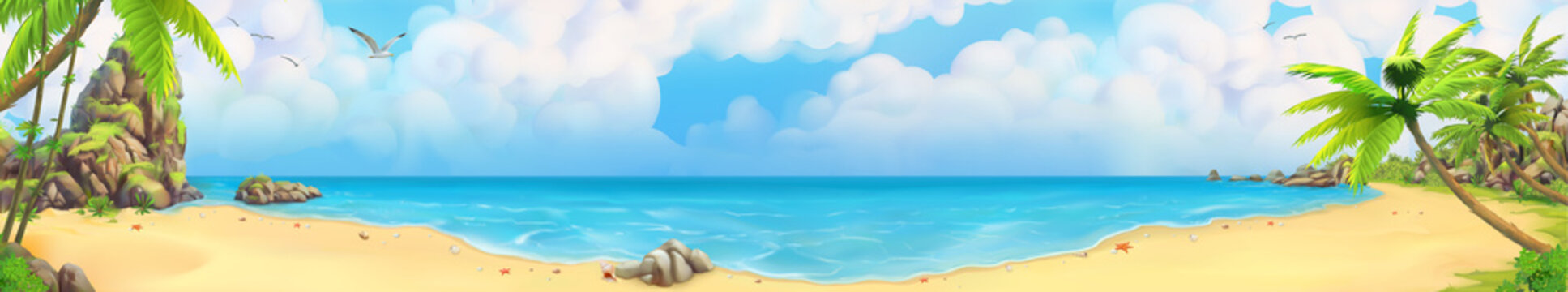 Sea panorama. Bay, tropical beach. Vector background