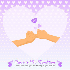 Gay love no condition purple violet cross finger hands form on white heart background for valentine's day, greeting invitation wedding card flat design, romance, sweet ,vector illustration.