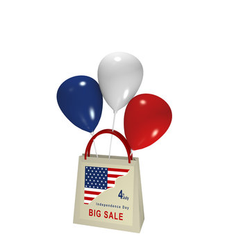 Einkaufstasche mit Luftballons und Sale Werbung für den Unabhängigkeitstag, 3d render