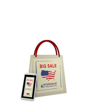 Einkaufstasche und Handy mit Sale Werbung für den Unabhängigkeitstag, 3d render